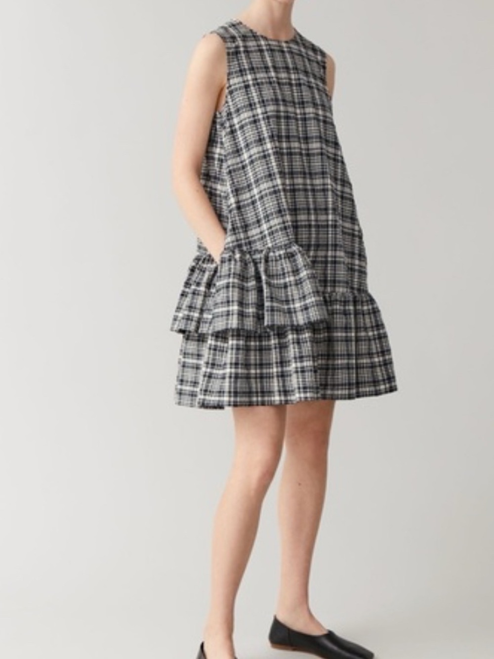 COS Black and White Plaid Sleeveless Ruffle-Hem Dress